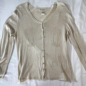 Tommy Bahama Womens Cardigan Sweater S Silky Brown Tan Crochet Trim Tropical